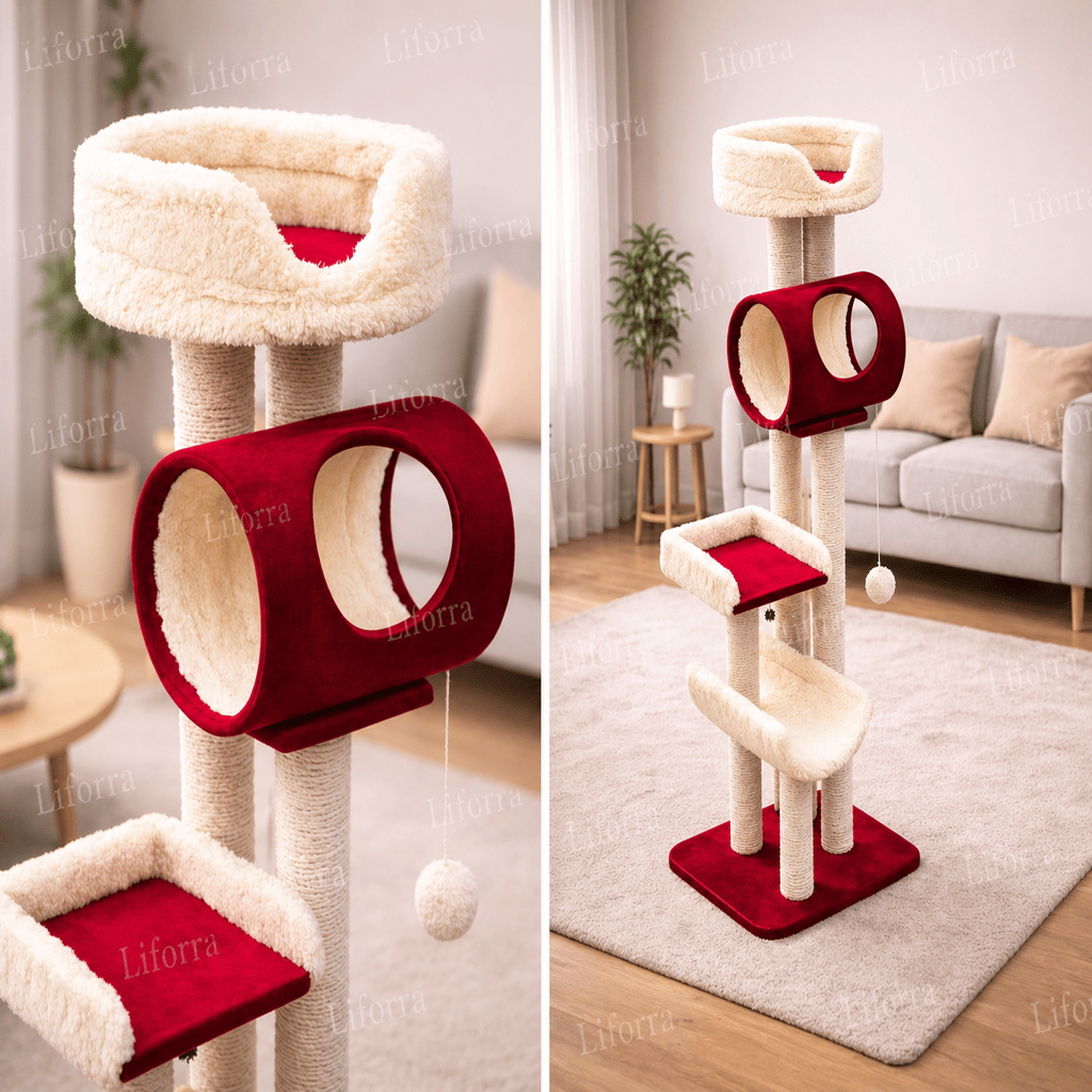 Cat Bed Tree with Plush Tunnel & Multi-Level Scratching Posts