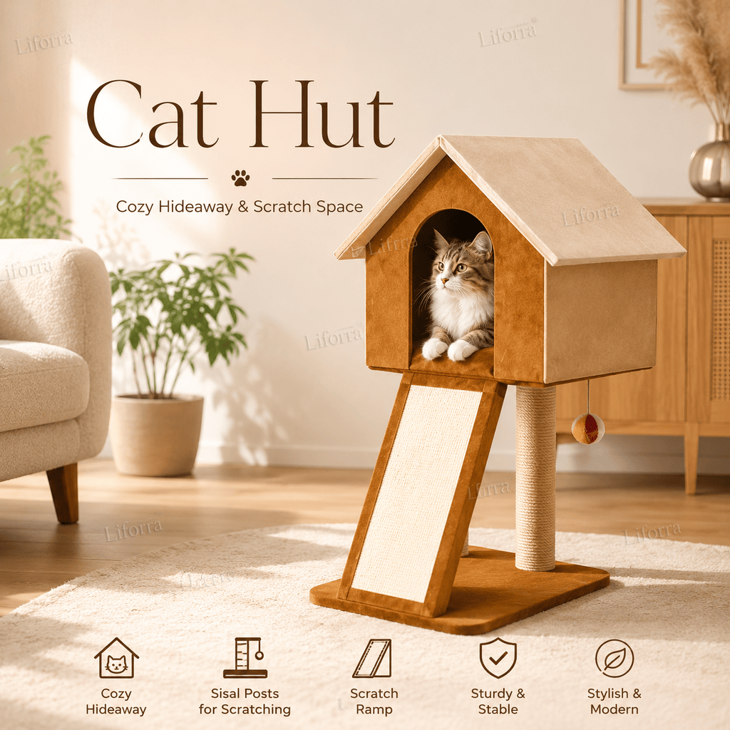 Cat Hut with Scratch Ramp | Elevated Cat House & Scratcher by Liforra